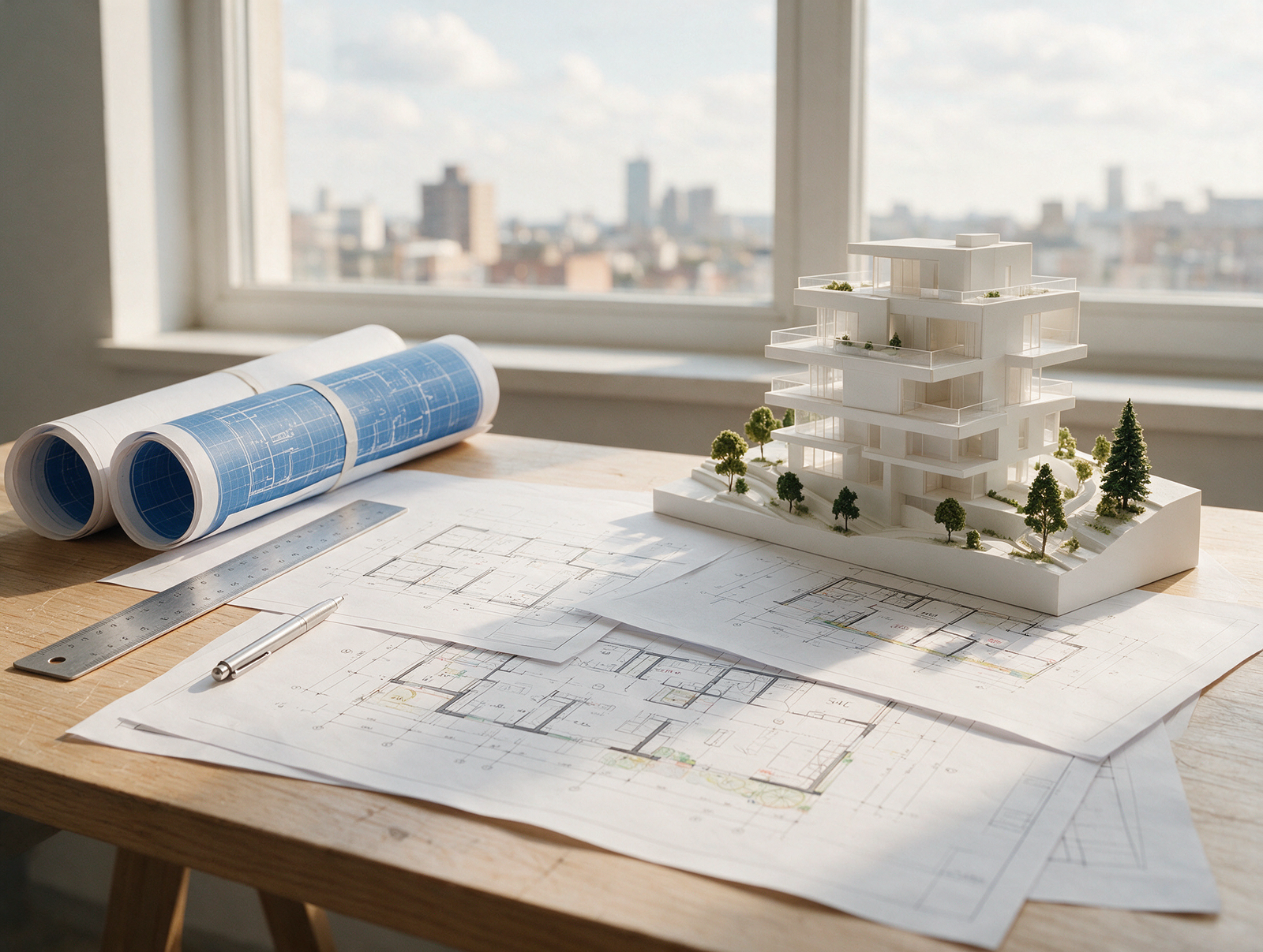 Architectural floor plan drawings beside a white scale building model on a desk