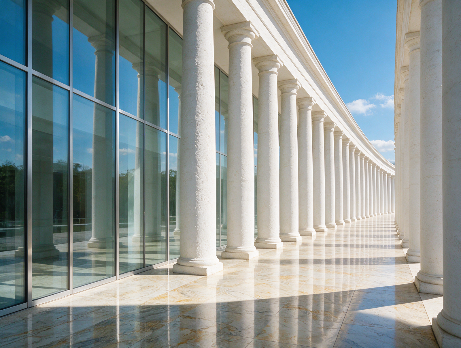 Long sunlit colonnade of a modern building