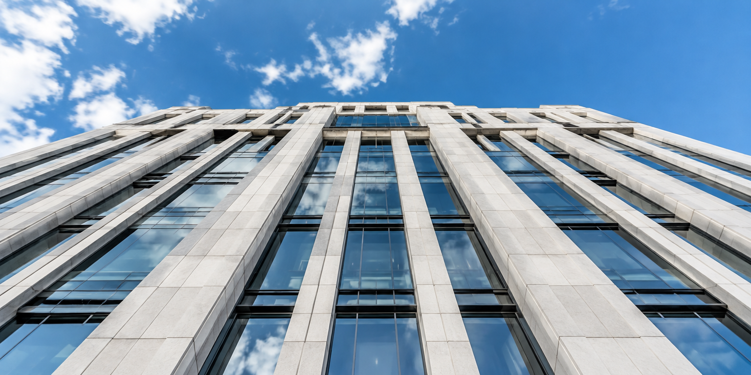 Looking up at a white and glass facade against a blue sky