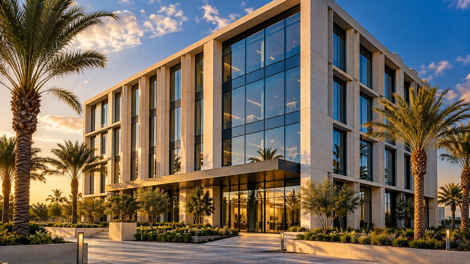 Modern stone and glass office building at golden hour