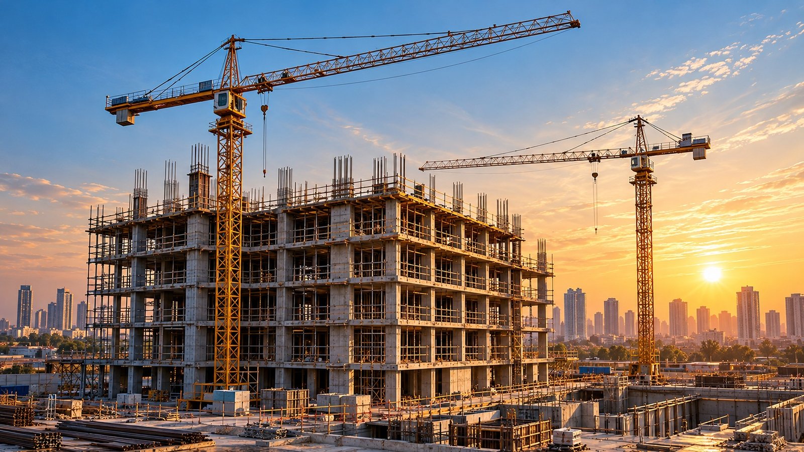 Concrete frame of a building under construction with tower cranes