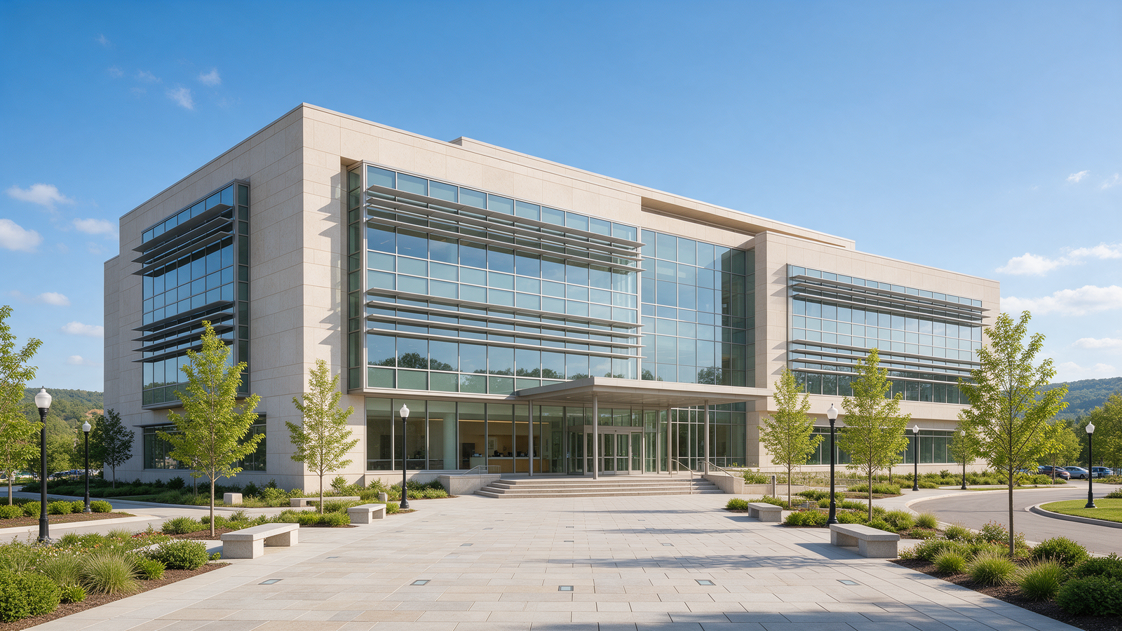 Modern administrative building with stone and glass facade