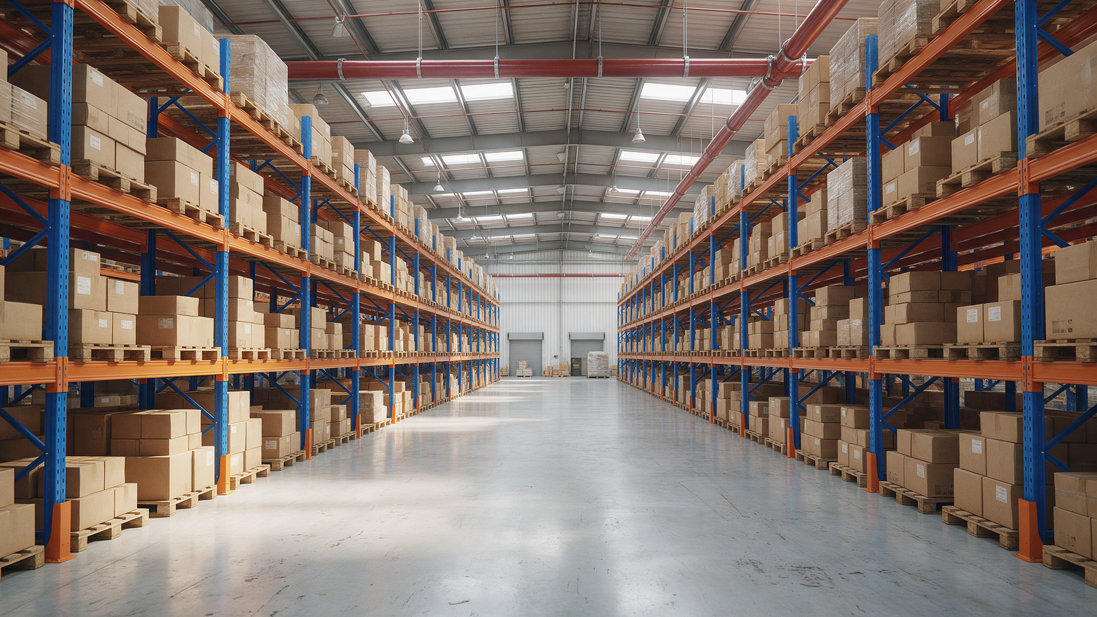Tall warehouse aisle with blue racking and pallets