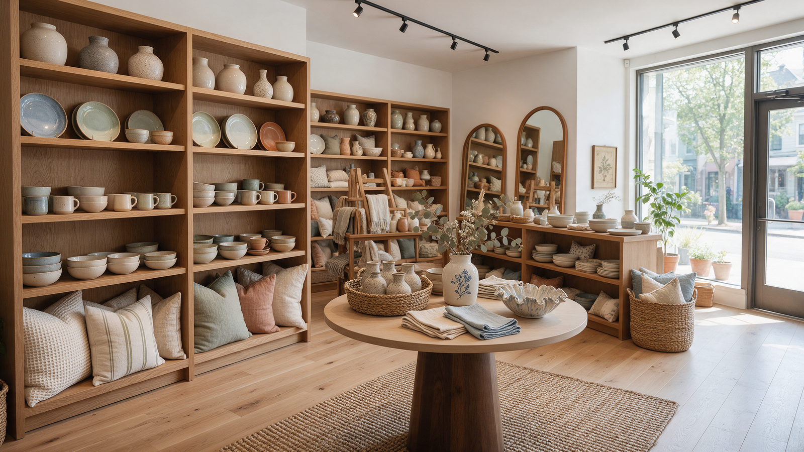 Boutique store interior with wooden shelves and warm lighting
