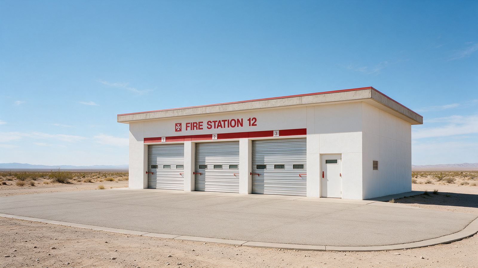 Fire station building with red accent and three bay doors in the desert