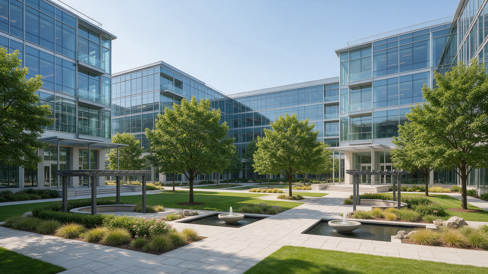 Commercial office campus with landscaped courtyard