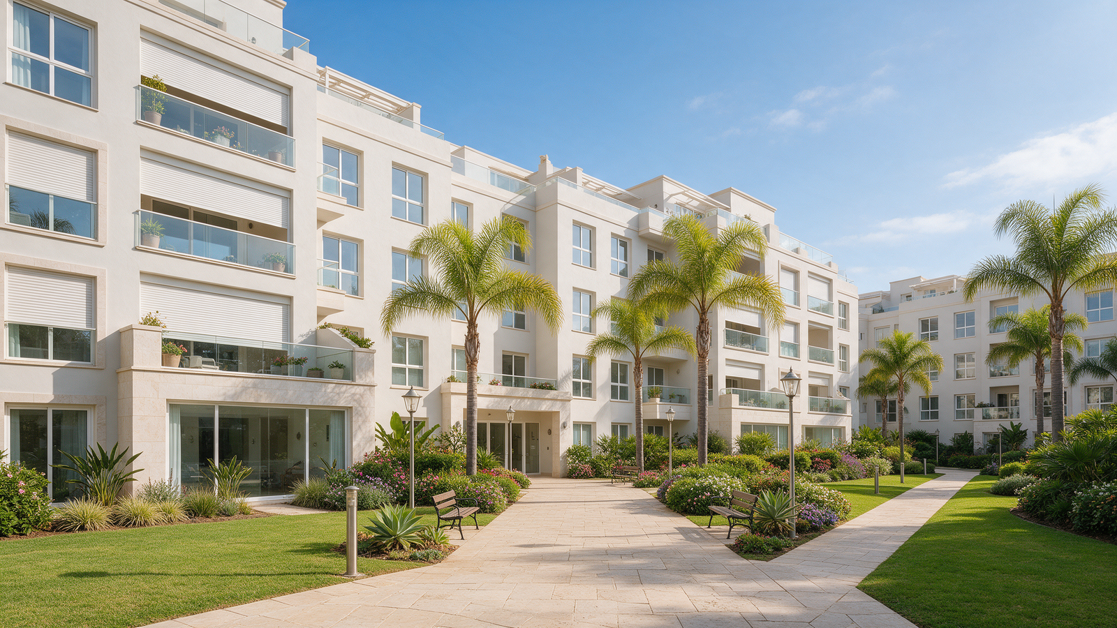 Residential apartment buildings with palm trees