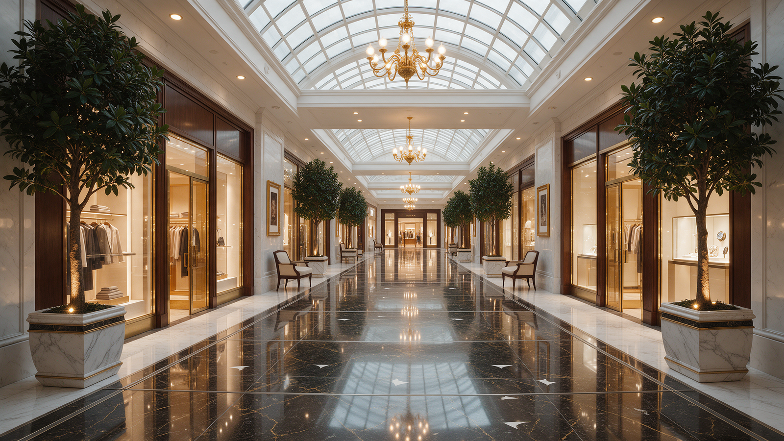 Bright shopping mall corridor with storefronts