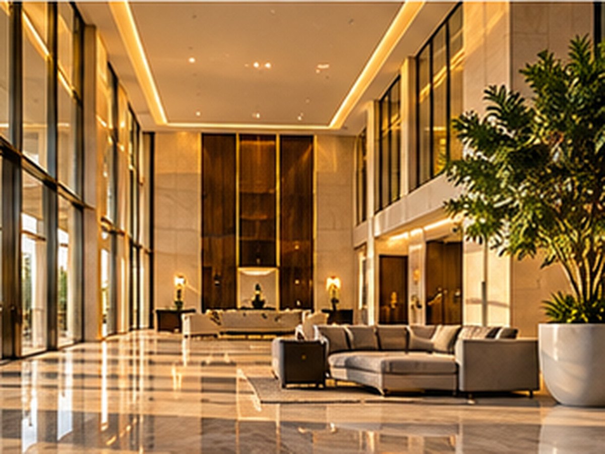 Bright modern lobby interior with marble floor