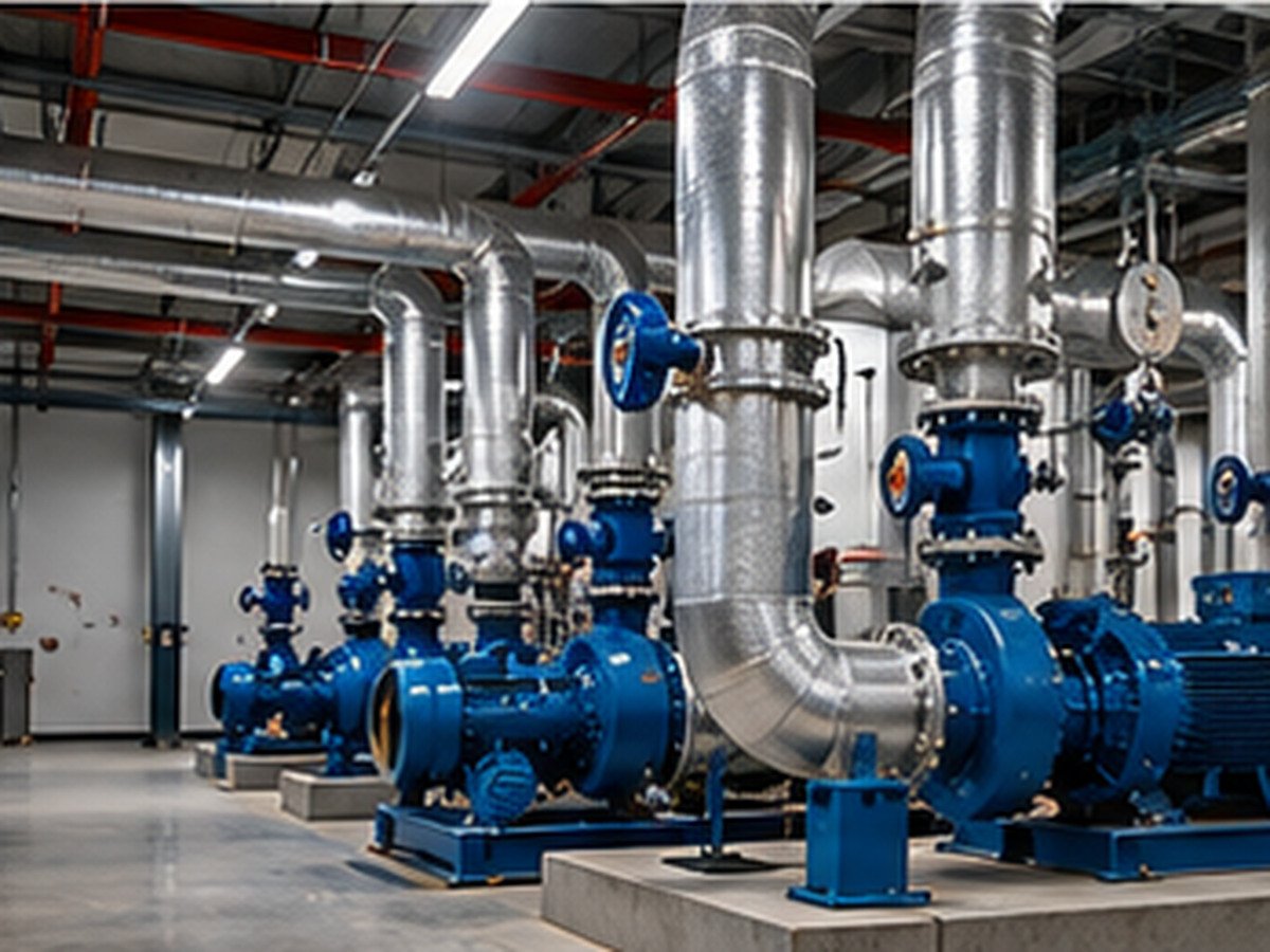 Plant room with blue pumps and insulated pipework