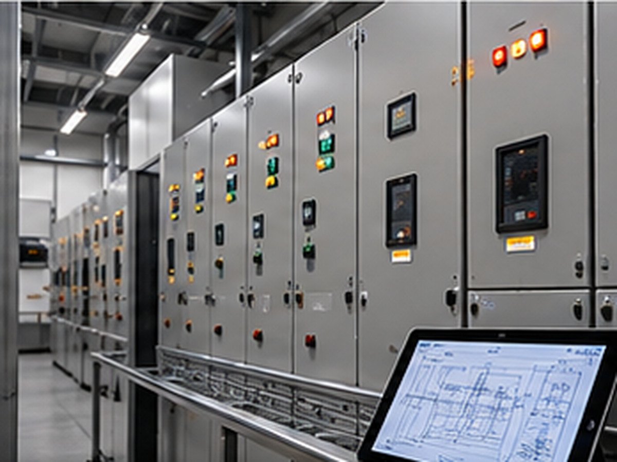 Electrical switchgear cabinets with a tablet resting on a rail