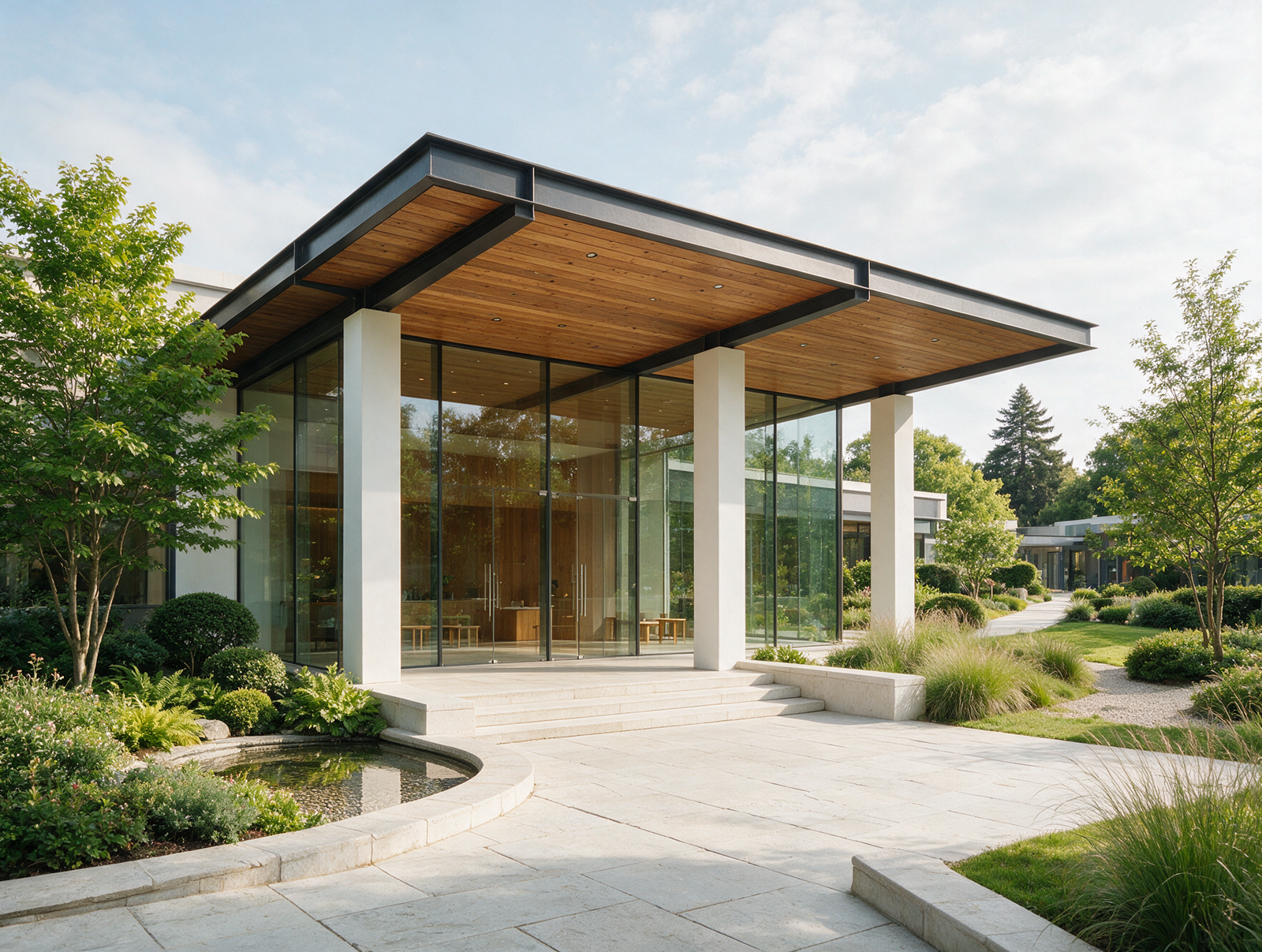 Modern building entrance canopy with timber soffit and white columns