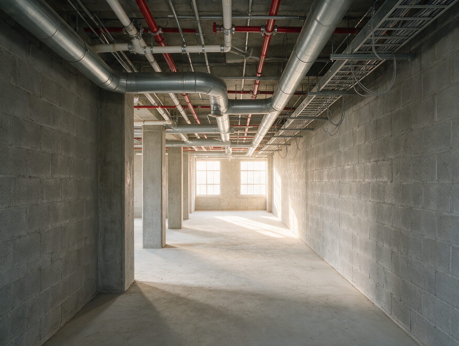 Exposed ceiling ducts, cable trays and pipes in a long corridor