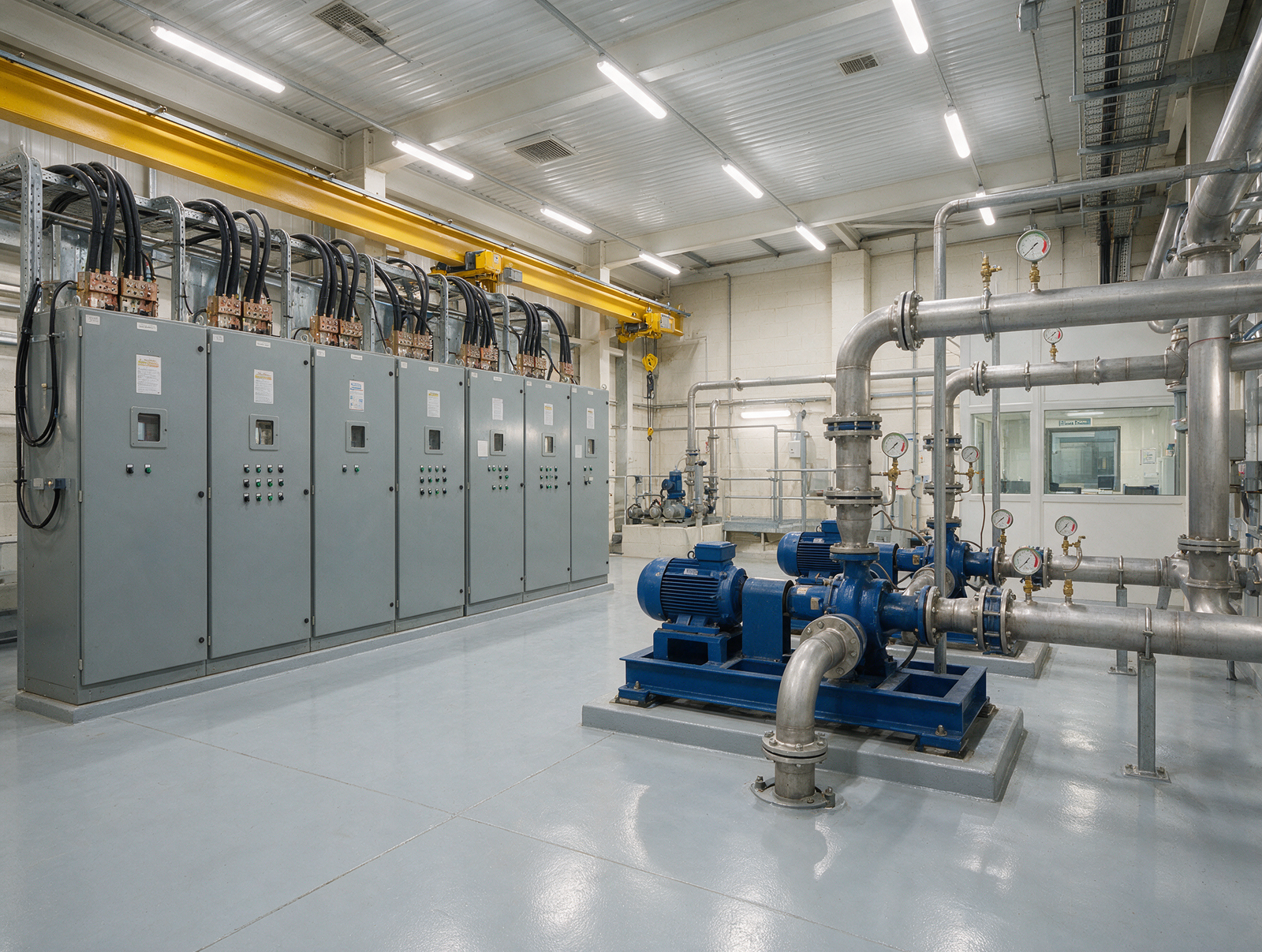 Large electrical panels beside blue pumps and silver pipework in a plant room